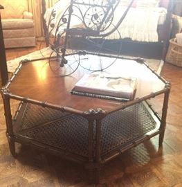 6 Sided Coffee Table; Late 1800's Wicker Doll Carriage.
