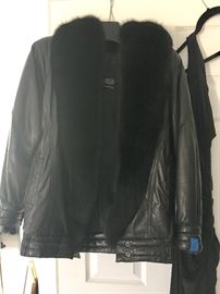 Ladies' black leather jacket with fox collar