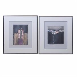 Enrico Embroli Limited Edition Monotypes From "Totem" and "Zen" Series: A pair of signed limited edition Modern Expressionist monotypes by Enrico Embroli (born 1945) One of the artworks depicts a grey tone figure standing on a pink, purple and brown tone structure, against a black background. “Monotype 33/120”, “Poteru X” or similar, and the signature in white pencil is written from left to right across the top. The second artwork depicts a multi-color bird like figure with wings spread, and a vertical object extending to the bottom of the image, against a black background. “Monotype 33/120”, “Series V” or similar, and the signature in white pencil is written from left to right across the bottom of the image. Both pieces are presented with grey and white mats in black frames. Both are wired for hanging.
