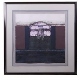 Enrico Embroli Modern Expressionist Monotype Titled "Tabloid III": A Modern Expressionist monotype titled Tabloid III by Enrico Embroli (1945 – Present). The artwork appears to depict a window with an arched top, dark solid curtains, and grid patterned bars, between a low off-white ceiling and dark floor. It is signed in pencil to the lower right corner. The piece is presented with blue and white mats in a black frame. A label identifying the piece is affixed to the back. Wired for hanging.
