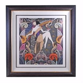 Laura Artusio Multi Media Lithograph of "Xanadu": A limited edition lithograph with raised cutouts and mixed media elements by decor artist Laura Artusio (American 1960 — ). The work depicts a woman seated on a pedestal holding a steaming bowl surrounded by colorful swirls and geometric designs against a gray background. The print is marked 46/275 and is signed in by the artist in the lower right corner of the mat. It is presented under glass in a gray stick frame, wired to the verso for hanging.