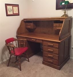 Oak Roll Top Computer Desk and Chair