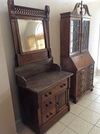 Marble Top Wash Stand with Beveled Mirror  - Serpentine Front Secretary / Bookcase