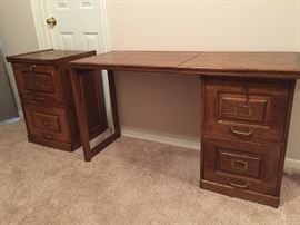 Folding Oak Desk with Two Drawer Filing Cabinet  -- Two Drawer Oak Filing Cabinet