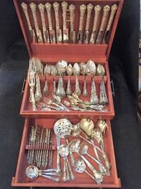 Gorham Chantilly Sterling Silver Service for 12 with serving pieces including gold washed citrus spoons, bullion spoons and pierced confectioners spoon