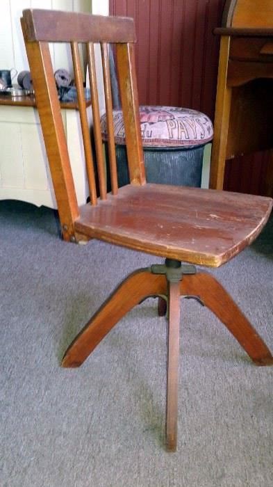 Real wood antique/vintage child’s roll top desk and swivel chair - pull out tray (above 2 side drawers) is missing: $180
