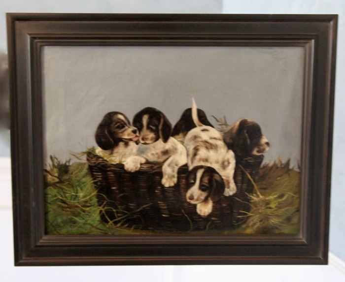 19th Century Oil on Canvas of Dogs. Shop now at www.SimplyEstated.com!