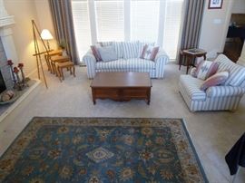 Living room sofa/couch & matching chair, Ethan Allen 4 drawer coffee table, nesting table and round solid wood beautiful end table. Large area rug...clean!
