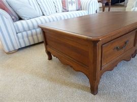 Living room sofa/couch & matching chair, Ethan Allen 4 drawer coffee table, nesting table and round solid wood beautiful end table. Large area rug...clean!