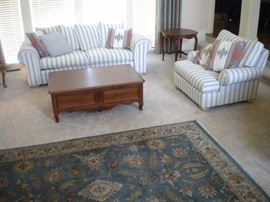 Living room sofa/couch & matching chair, Ethan Allen 4 drawer coffee table, nesting table and round solid wood beautiful end table. Large area rug...clean!