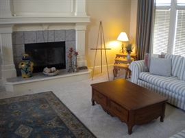Living room sofa/couch & matching chair, Ethan Allen 4 drawer coffee table, nesting table and round solid wood beautiful end table. Large area rug...clean!