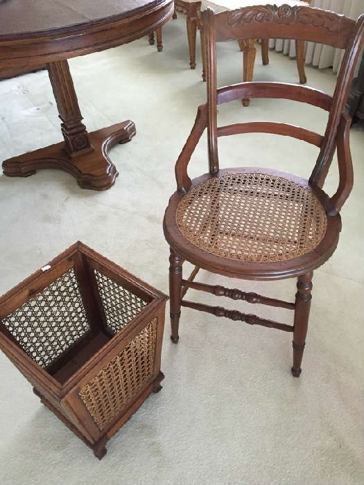 Antique Cane back chair and wastebasket