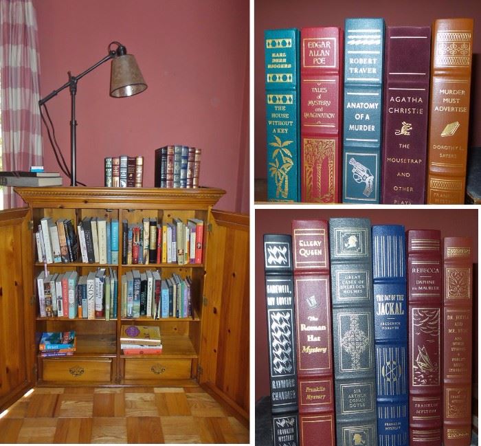 Small collection of books.  Some hard and some soft cover.  A few leather bound books.  Nice desk lamps. Bookcase with doors