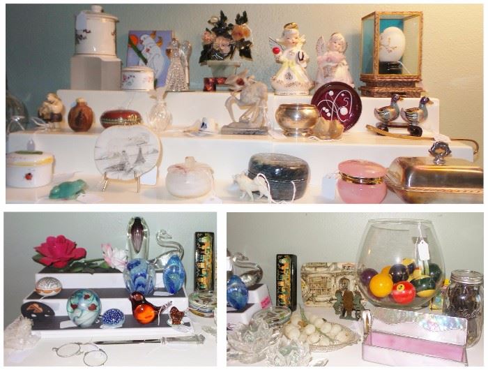 Collectibles: vintage pool balls, figurines, jade, paper weights, figurines