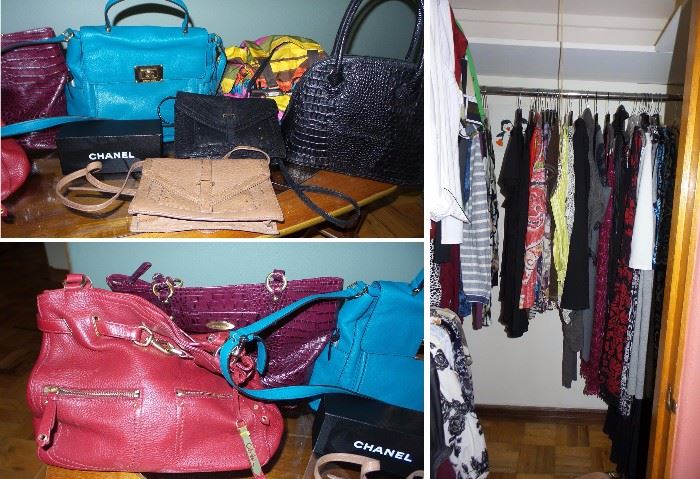 Large wardrobe of women's clothes.  Designer handbags, Tori Burch, Michael Kors, Cole Haun