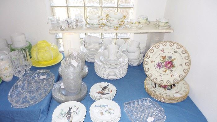 Limoges France Dinner Plates, soup bowl sets, cup and saucer sets and bird pattern small plates.  Cut glass and crystal