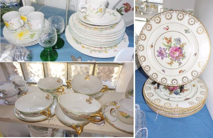 Limoge France floral and gold dinner plates, double handle soups with matching plates, hostess sets
