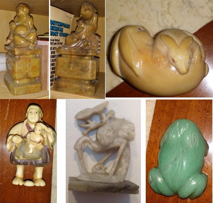 small carved oriental figurines: rabbit, bird, frog, Buddha, Scrimshaw.  Ivory, jade, stone