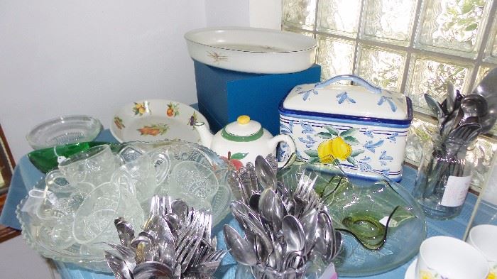 Punch bowl (2) sets, vintage to new flatware sets, glass and ceramic casseroles