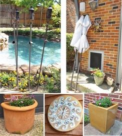 Garden and patio items.  Pots and planters, temperature clock, umbrellas, umbrella bases, tiki torches.  Outdoor decor
