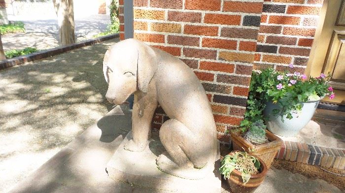 large granite dog statue. Plants, planters and pots