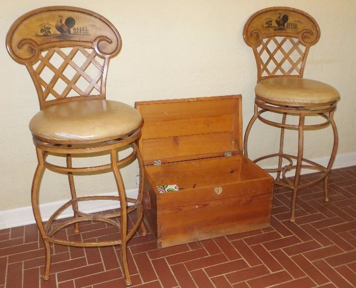 3 iron bar chairs with stenciled roosters.  Wood storage box chest