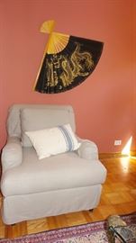 Pottery Barn slipper chair. Large dragon fan wall decor