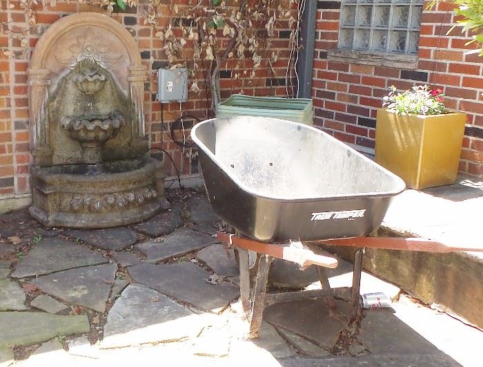 Garden fountain, metal wheel barrow, quality planters and pots