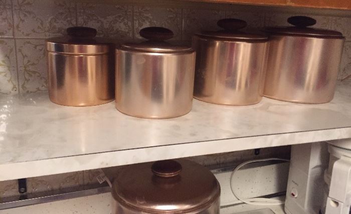 Vintage copper toned and wood canister set