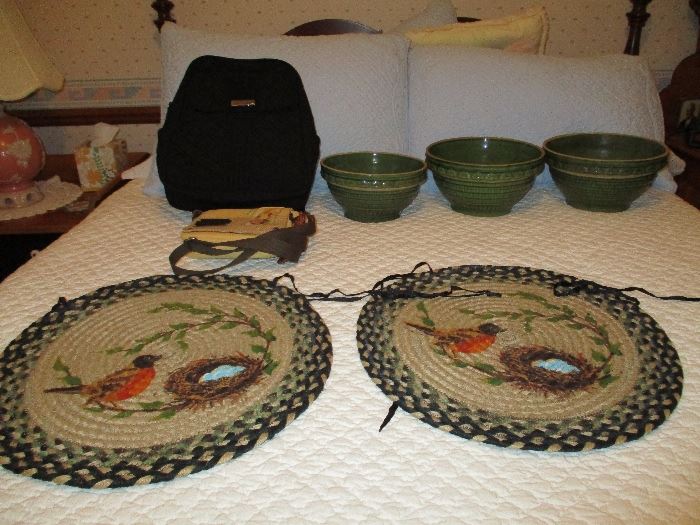 Antique Green Bowls, purses, Chair Pads