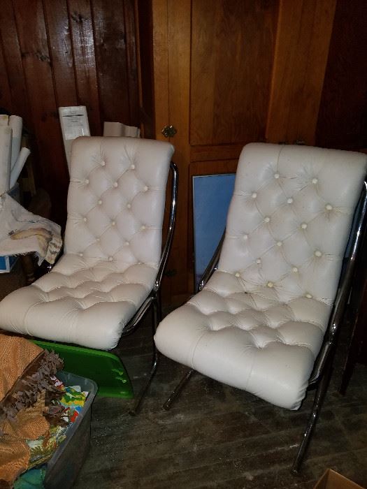 Great pair of chrome frame, white leather chairs