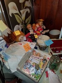 Paper dolls, dolls, mini lamp shades, vintage hand towels