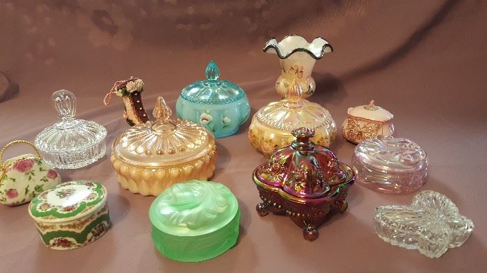 Fenton Vase, and a variety of Dresser Jars some Fenton.