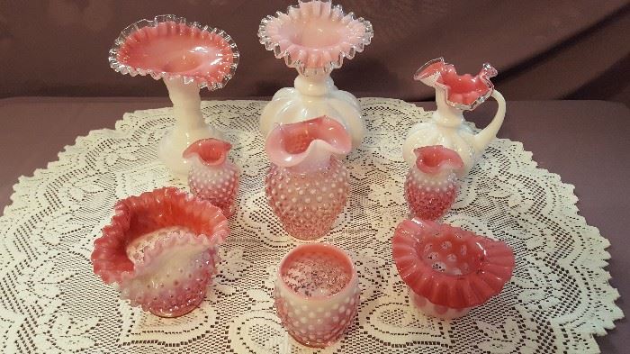 Fenton Hobnail Cranberry Opalescent, and Silver Crest 