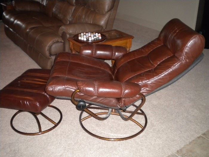 MCM/Vintage leather reclining chair and ottoman, 
Ekornes-Stressless-Reno-Recliner-Chair-And-Ottoman