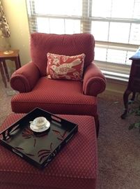 One of two Red Chairs w/1 Ottoman
