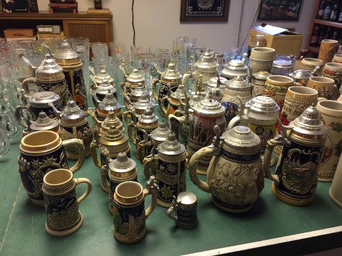 Large selection of vintage and newer beer steins 