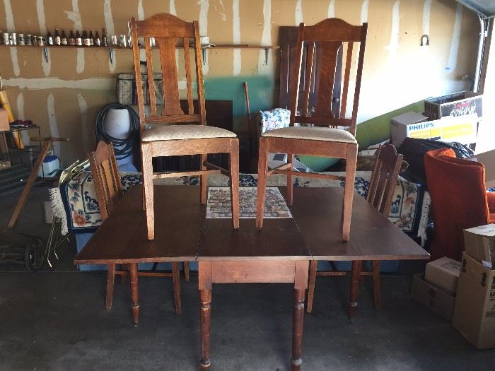 Antique oak drop leaf table with matching oak chairs