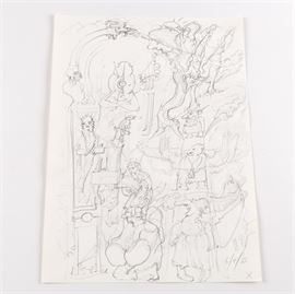 Hans Giger Reproduction Half Tone Print After 1985 Sketch: A half tone print on paper by well-listed Swiss surrealist Hans R. Giger (1940-2010) who did the character sculpting for the Alien movie. This is after an original 1985 drawing by the artist, and depicts various persons and objects in an abstracted collage. It is dated in the plate in the bottom right corner “6/7/85”, and signed by hand. This work is presented unmounted and unframed. Please see related lot 17STA004-104, and the link below for more artist information.