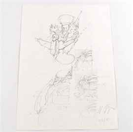 Hans Giger Reproduction Half Tone Print After 1985 Sketch: A half tone print on paper by well-listed Swiss surrealist Hans R. Giger (1940-2010) who did the character sculpting for the Alien movie. This is after an original 1985 drawing by the artist, depicting small vignettes of fantastical creatures. It is dated in the plate in the bottom right corner “6/7/85”, and signed by hand. This work is presented unmounted and unframed. Please see related lot 17STA004-103, and the link below for more artist information.