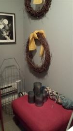 small ottoman, galvanized containers, etc.