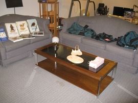 Retro glass top table, matching settee and sofa, wood revolving book shelf