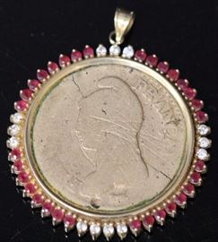 Lot 3052: Francaise Coin, set in 14KT with Diamonds and Rubies; View full catalog at www.slawinski.com