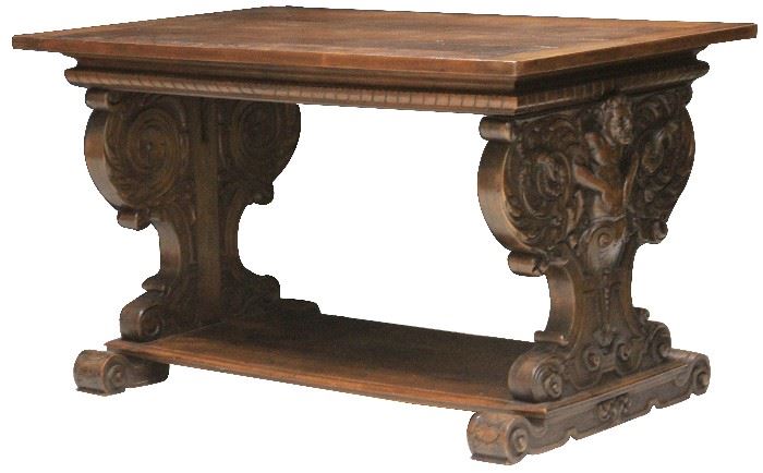 Lot 3145: Italian 19th Century Carved Walnut Library Table; Height- 31"; width- 56" View full catalog at www.slawinski.com
