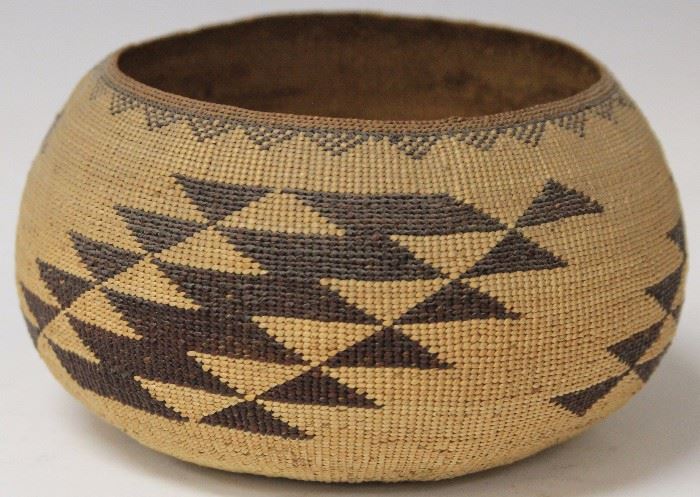 Lot 3165: Early Native American Woven Basket; length- 6 1/4", height 3 3/4" View full catalog at www.slawinski.com