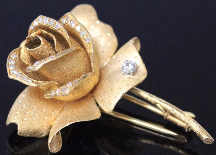 Lot 3185: Lady's Diamond and Gold Pin of Rose, 1 7/8" length View full catalog at www.slawinski.com