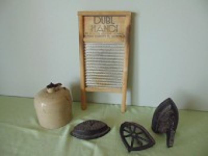 Double Hand Wash Board, cast iron irons, antique crock