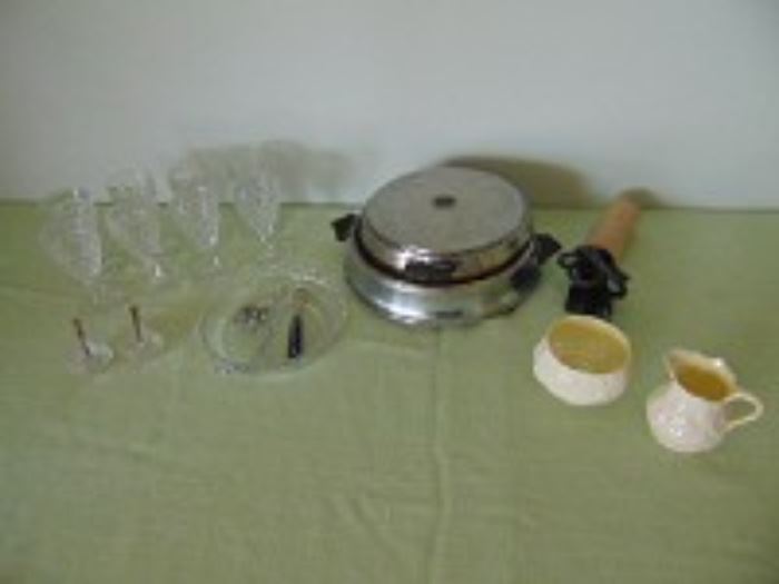 Vintage kitchen ware, salt dishes with mini spoons, fostoria, waffle iron, sugar and creamer made in Ireland.