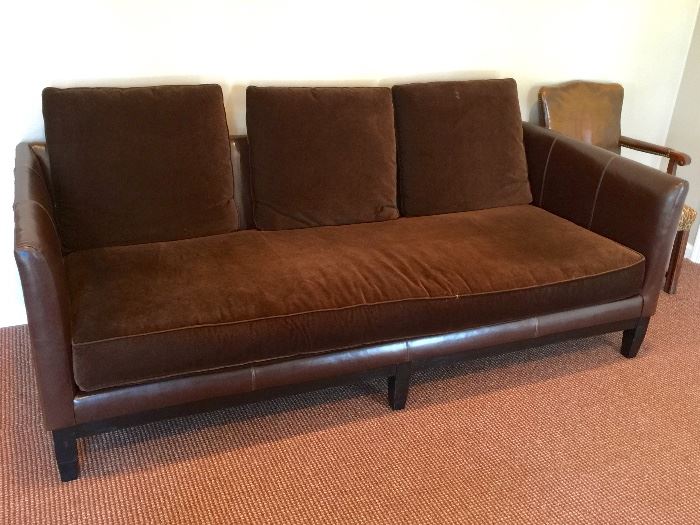Bernhardt Chocolate Brown Leather Sofa with Velvet Bench Cushion and 3 pillows (88’’ x 39’’ x 40’’)