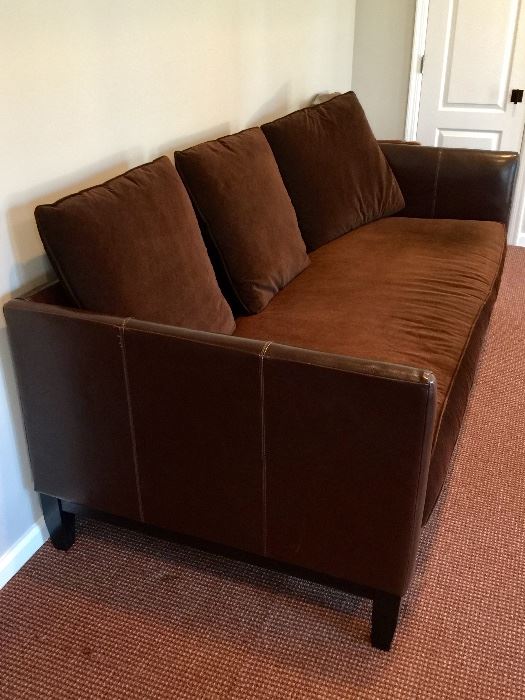 Bernhardt Chocolate Brown Leather Sofa with Velvet Bench Cushion and 3 pillows (88’’ x 39’’ x 40’’)